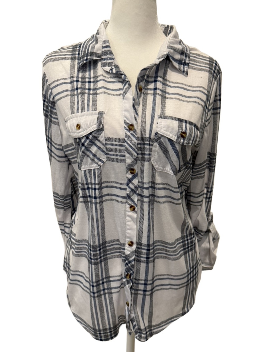 White and Gray Plaid Button-Up Shirt by Love Potion. Medium